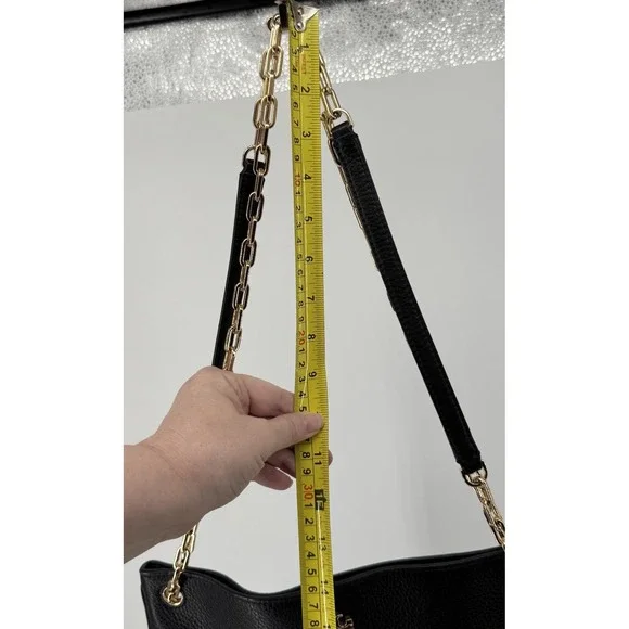 Tory Burch Black Pebbled Leather Tote Gold Chain Strap Shoulder Bag Classic Chic - Picture 12 of 14